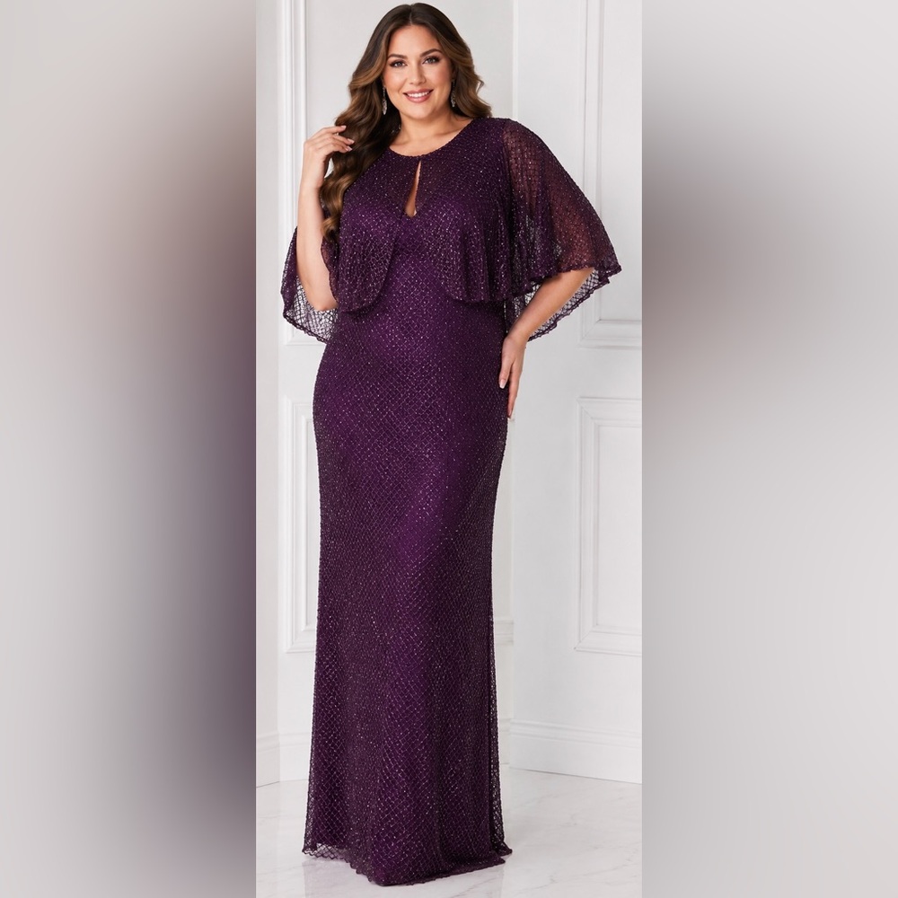 NWT Mac Duggal 20W Amethyst Beaded Cape Sleeve Formal Maxi Prom Wedding Gown